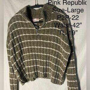 💰Pink Republic Olive Green and White Striped Cowl Neck 1/4 Zip Sweater
